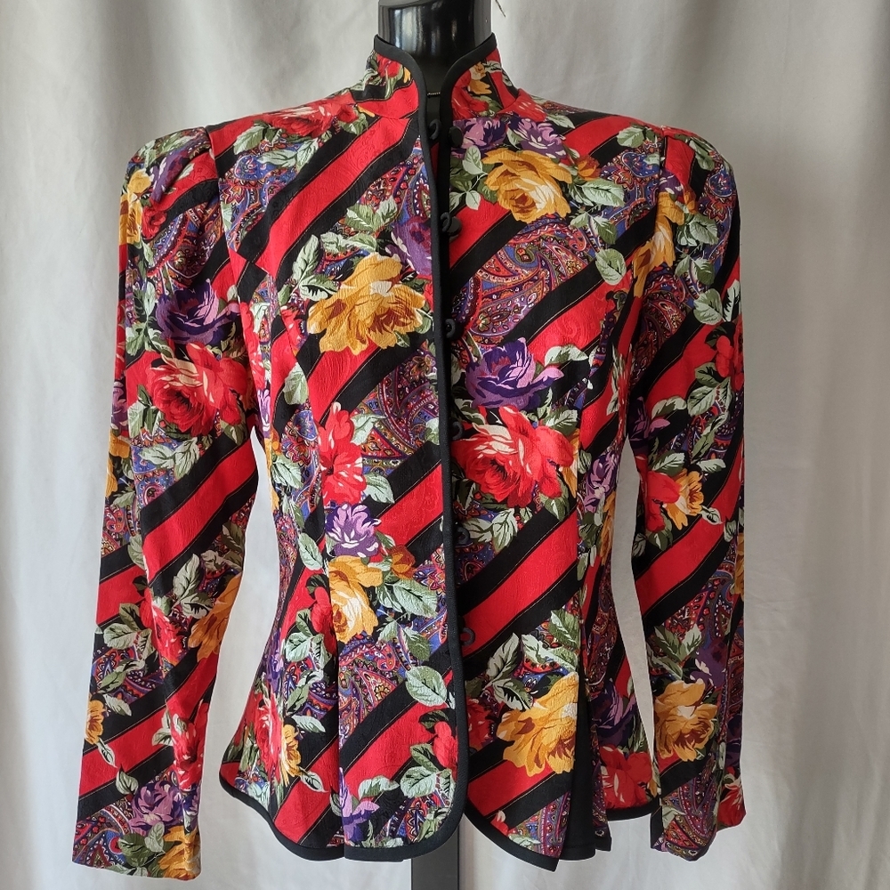 Vintage 100% Silk Mandarin Collar Blazer Top Floral Stripes